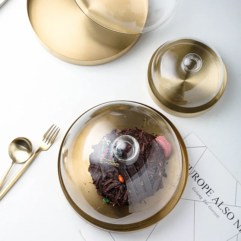 

New Europe Style Stainless Steel Cake Plate with Glass Cover Gold Color Desserts Fruits Plate Dustproof Fresh-Keeping Food Tray