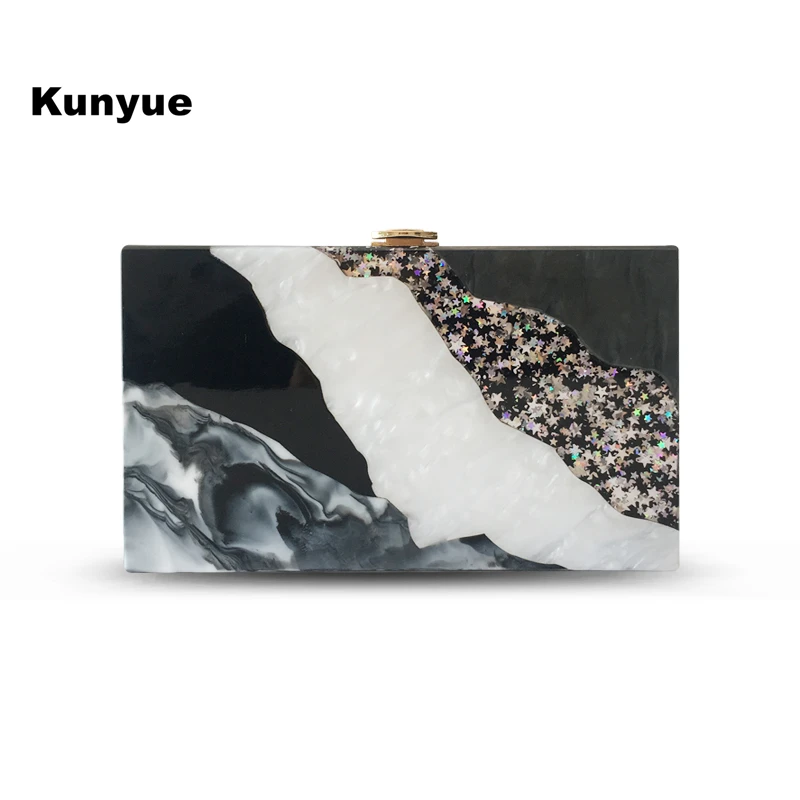 

Fashion BlingBling Acrylic Evening Bag Marble Pattern Black White Flap Handbags Casual Patchwork Party Prom Wedding Clutch Purse