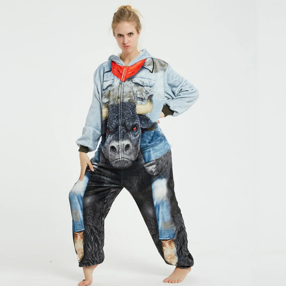 Popular Animal Cattle Pajamas Unisex Adult One-Piece Cosplay Sleepwear Women Winter Flannel Onesies Christmas Halloween Costume