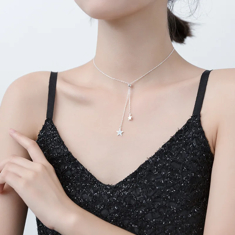 Trusta 925 пробы Серебряные ювелирные изделия двойной звезды короткое ожерелье Цепочки и ожерелья милые Днем рождения подарок для девочки леди DS1528