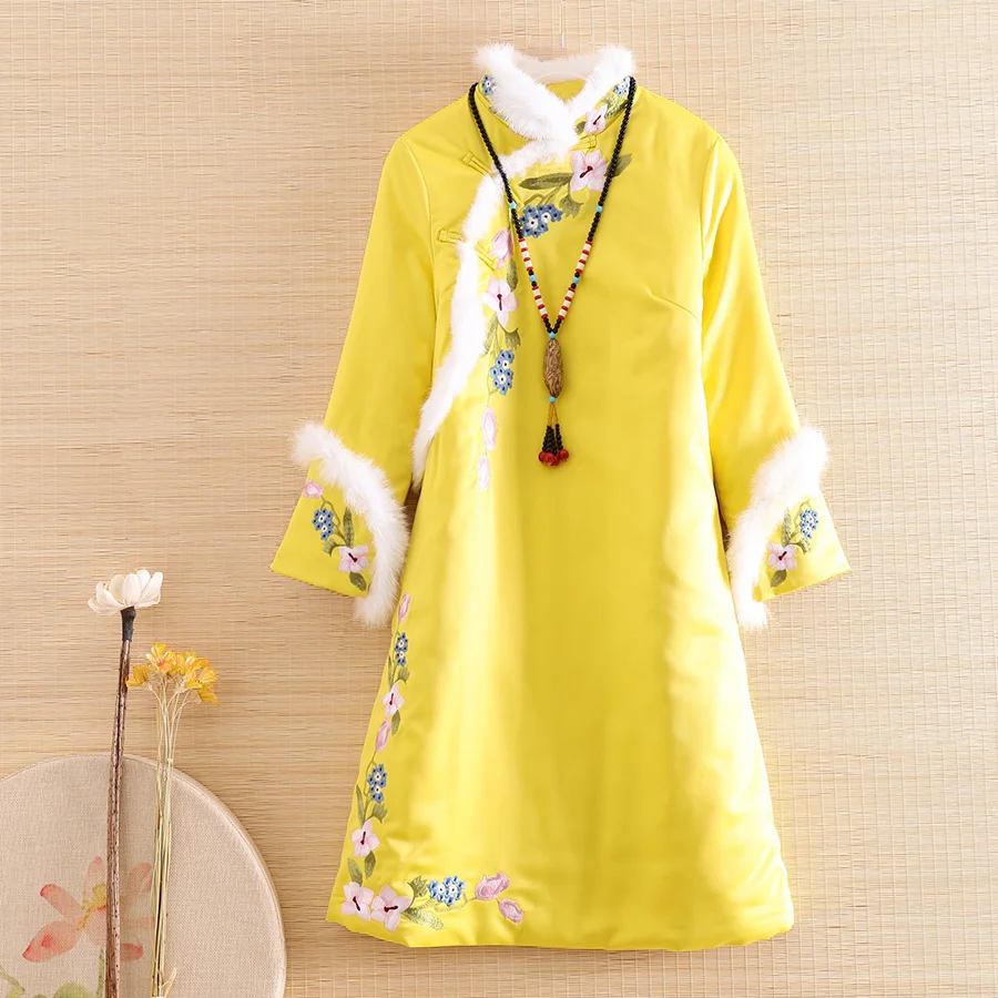 Осенне зимнее женское платье Ципао из кроличьего меха в китайском стиле ретро с