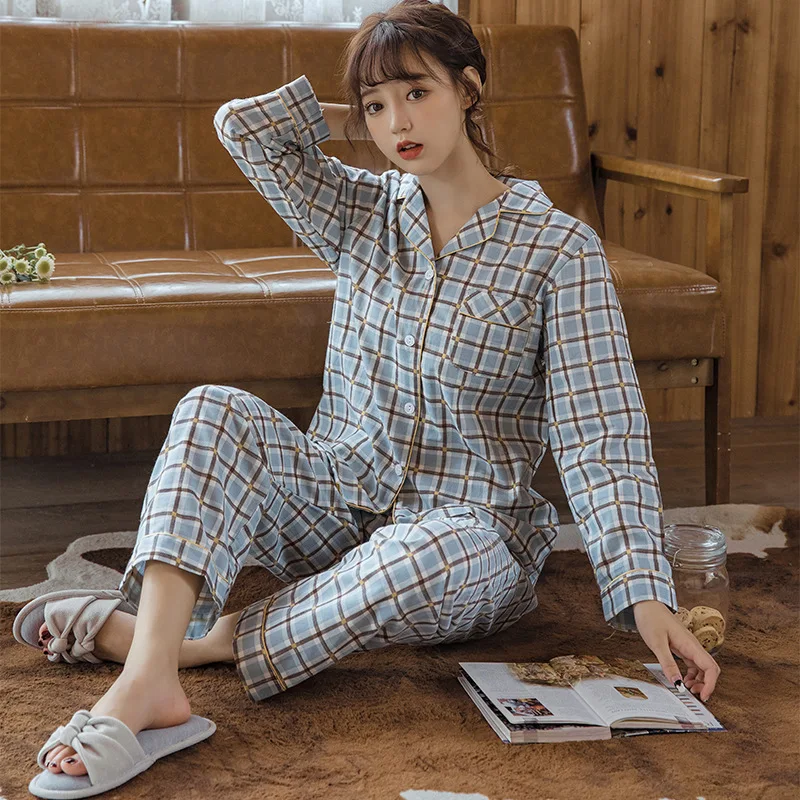 Autumn Winter New Pure Cotton Pajama Set Women's Long-sleeved Suit Plaid Stripes Print Pajamas
