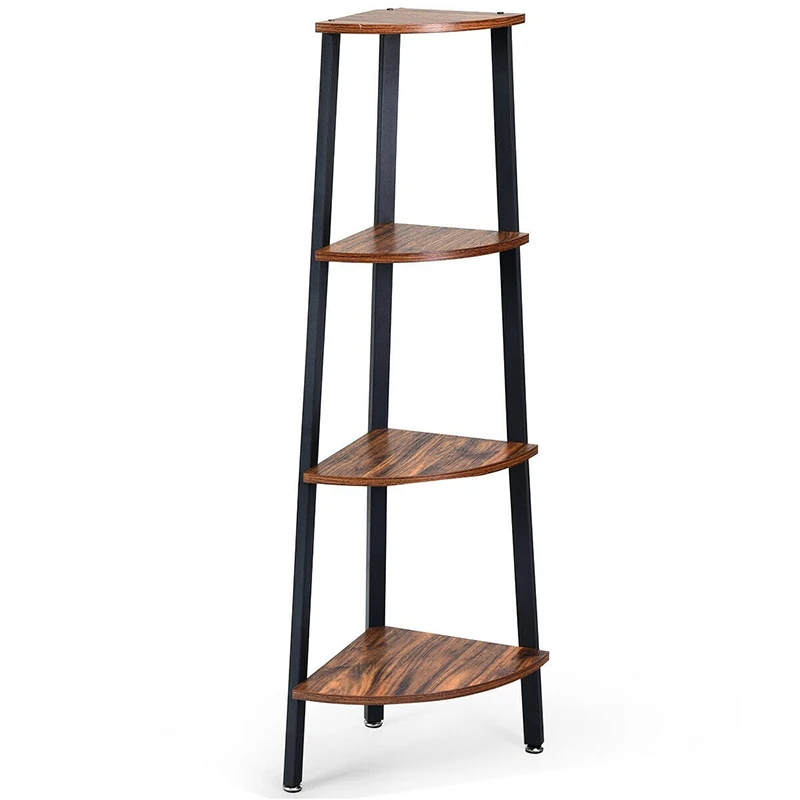 

4-Tier Corner Shelf Metal Storage Rack Domestic Bookcase Large Storage Space Shelf Industrial and Simple Design