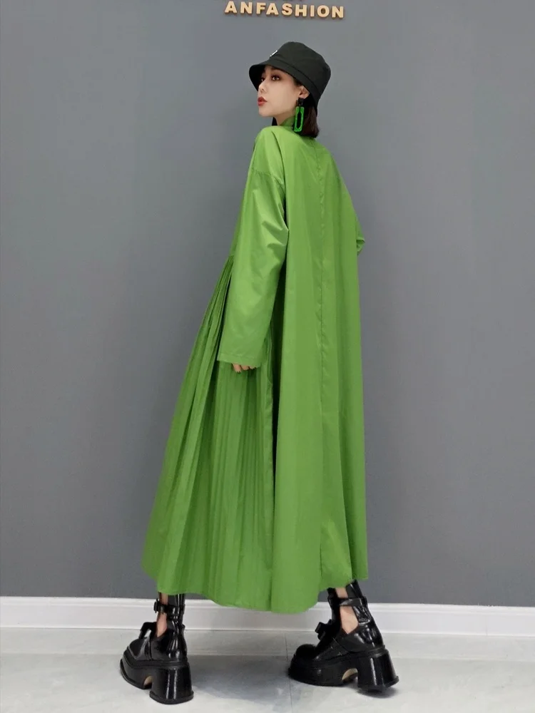 

QING MO Autumn Fashion Long sleeved Dress Women Loose And Thin 2021 Trend Solid Color Pleated Shirt Dress Black Green ZWL520