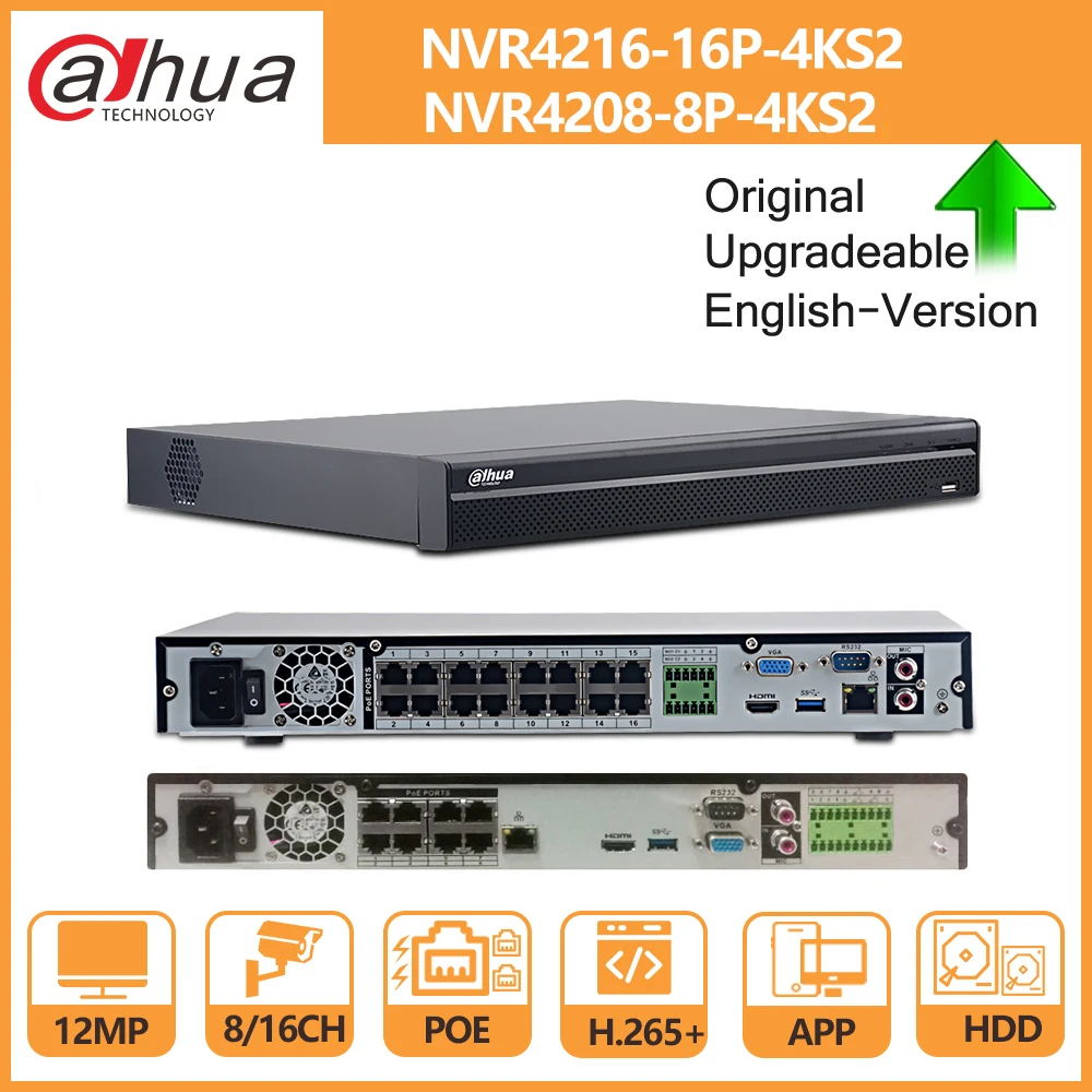 

Dahua PoE NVR 4K 32CH 16CH 8CH 4K NVR4232-16P-4KS2 NVR4216-16P-4KS2 NVR4208-8P-4KS2 with HDD H.265 2 SATA for IP Camera Security