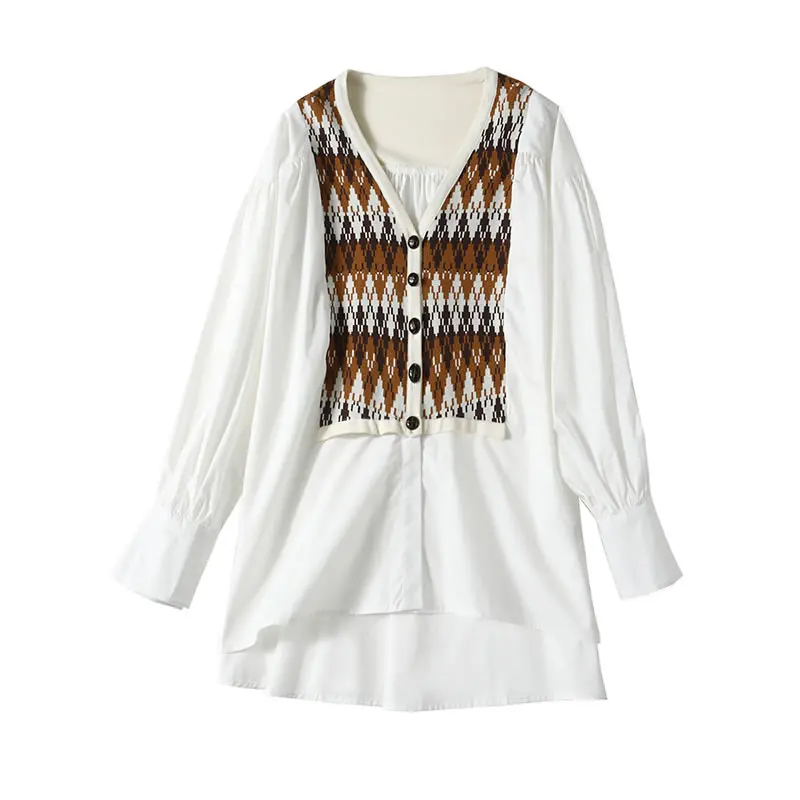 

XITAO Knitted Patchwork Blouse Fashion New Single Breast Full Sleeve 2021 Spring Autumn Irregular Loose Style Shirt ZY5458