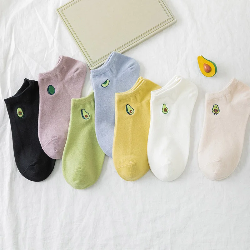 

Носки женские короткие с вышивкой авокадо, дышащие, в студенческом стиле, подарок на Рождество, одноцветные хлопковые носки