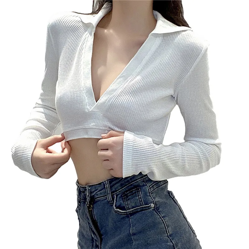 

Autumn And Winter Women's Sexy Long Sleeve V-neck Crop Top Fashion Solid Color Knitted Top Slim T-shirt Womens Clothing