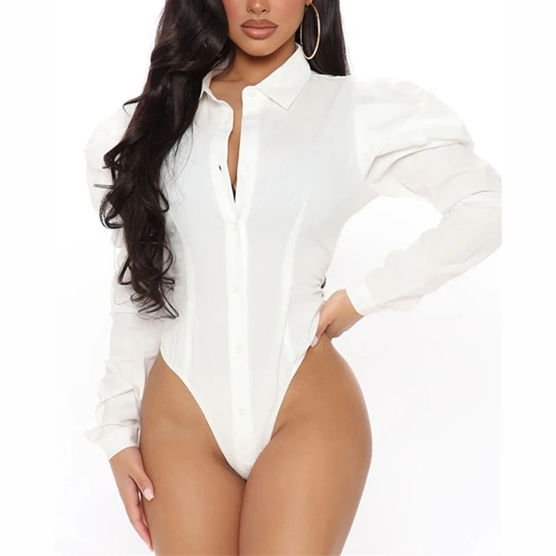 

Sexy Women Puff Sleeve Lapel Bodysuit Slim Solid Color Fashion Bodysuit