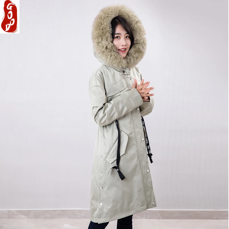 

Женская зимняя парка из натурального меха кролика Рекс, длинная теплая куртка с капюшоном из лисьего меха в Корейском стиле, зима 2021