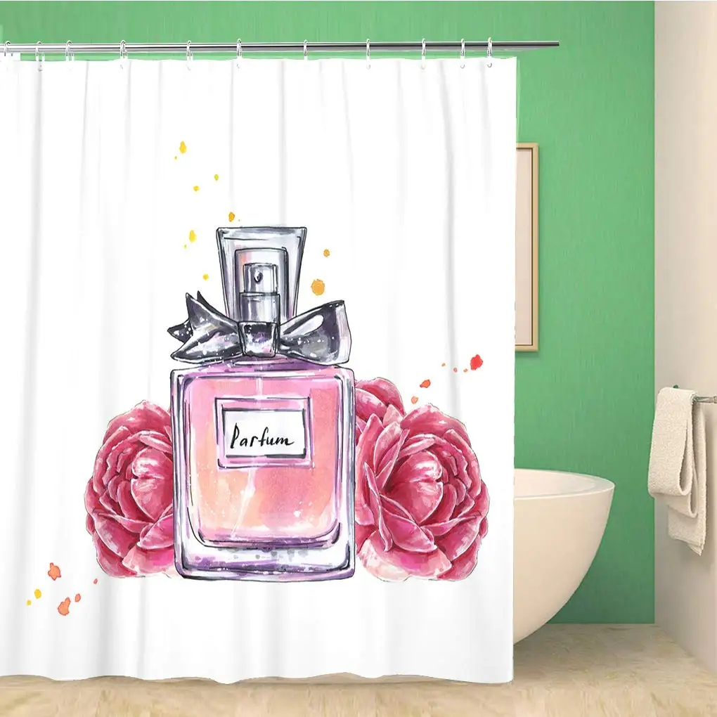 

Bathroom Shower Curtain Pink Vintage Perfume Bottle and Flowers Watercolor in Sketch Polyester Fabric 72x78 inches Waterproof