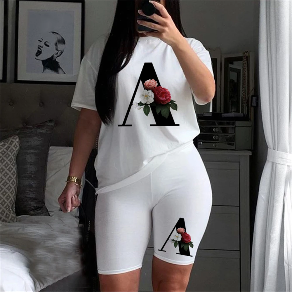 

Women Two Piec Set Letter T Shirts And Shorts Set Summer Short Sleeve O-neck Casual Joggers Biker Shorts Sexy Outfit For Woman