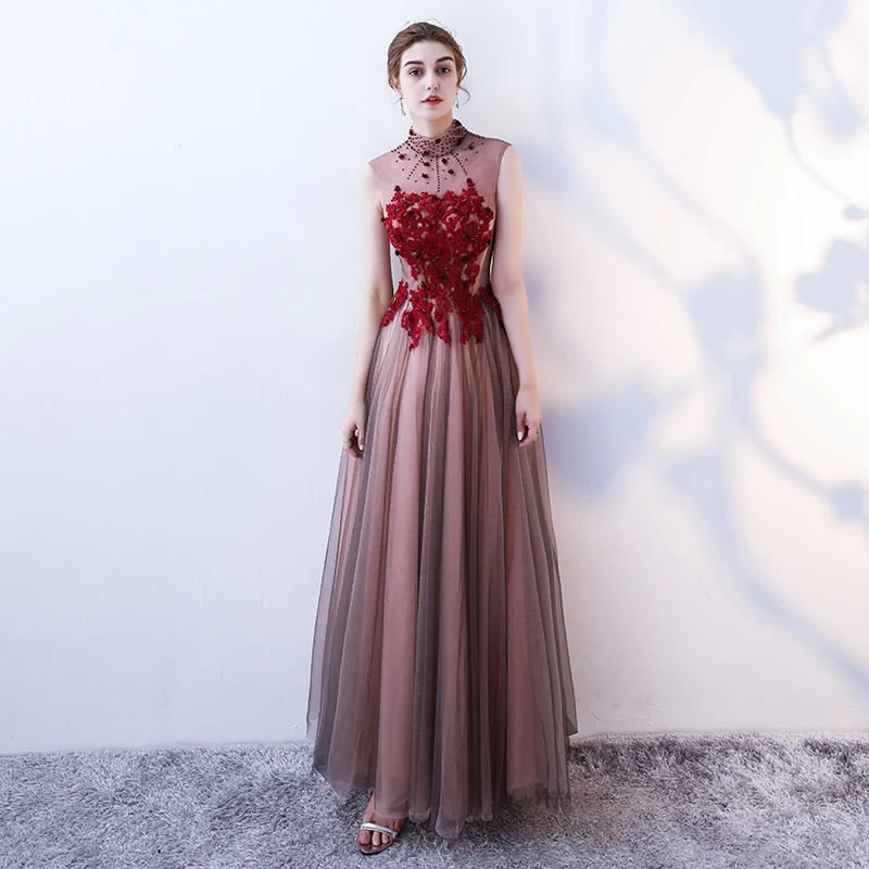 Female Slim Sleeveless Cheongsam Sexy Appliques Mesh Long Evening Party Dress Elegant Stand Collar Qipao Oversize 3XL Vestidos