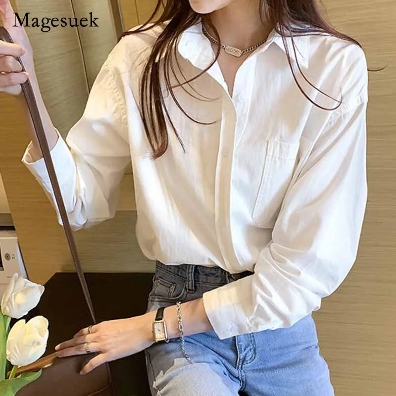 

2021 Long Sleeve Women Bottoming Shirt Solid Lapel Pocket Tops Korean Style Loose White Plus Size Women's Autumn Blouses 11891
