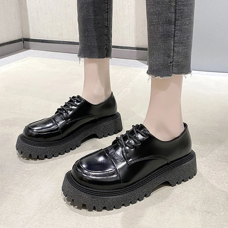 

2021 Spring Autumn Women Oxford Shoes Office Elegant Black Brown Leather Shoes Loafers Women Vintage Comfortable Platform Flats