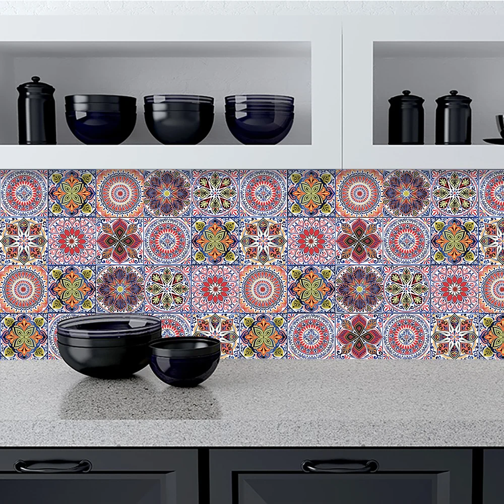

10/15/20/30cm Colorful Mandala Style Tiles Wall Sticker Transfers Cover for Kitchen Bathroom Waterproof Peel & Stick Wall Decals