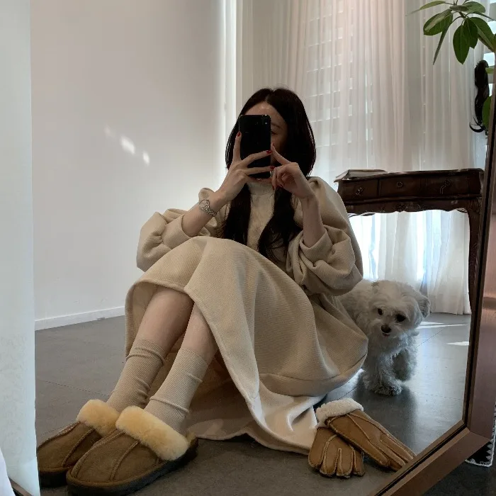 

Bubble Sleeve High Collar Collect Waist Dress Fashion Simple Loose Fold Dresses for Women Vestido De Mujer