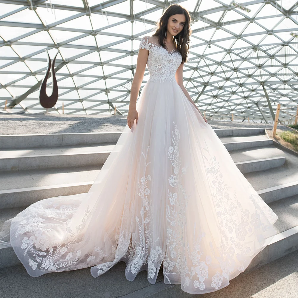 

Robes De Mariage Short Sleeve Tulle Wedding Dress O-Neck Fashion Abito Da Sposa Illusion Back Vestido De Noiva Bridal Gowns