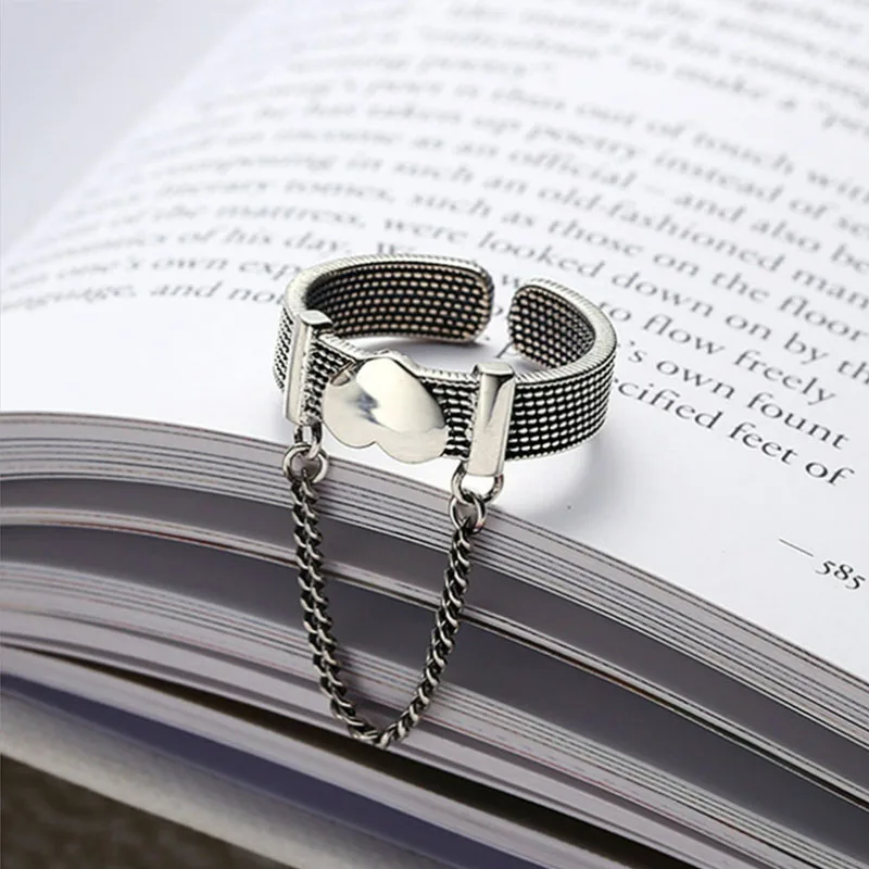 

VENTFILLE 925 Sterling Silver Korean Tassel Chain Love Heart Belt Ring Female Fashion Trendy Romantic Open Jewelry