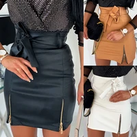 sexy women black pu leather pencil bodycon skirt clubwear double zipper high waist mini short skirt belt black white khaki skirt