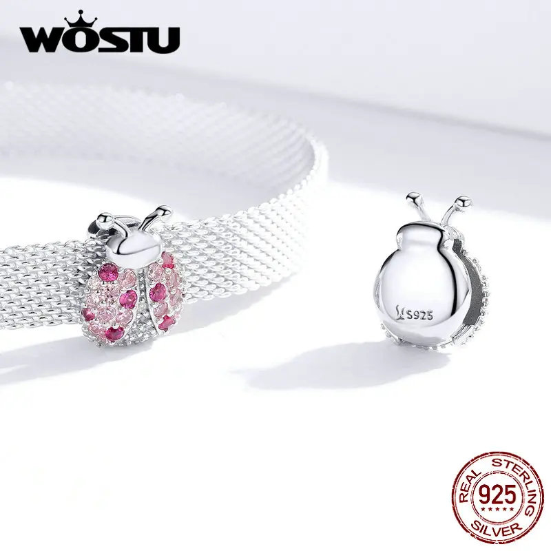 WOSTU, 925 пробы, серебряные бусины «божья коровка», розовый циркон, шарм, подходит к оригинальному браслету и браслету, хорошее серебро, 925 ювелирные изделия CQX104