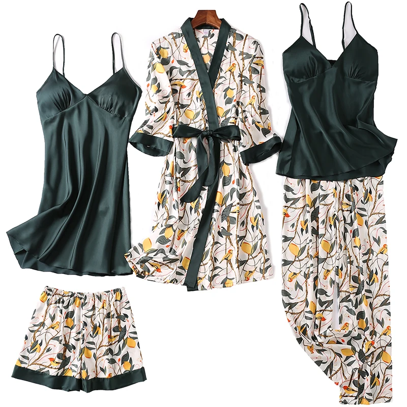 

Women Satin Silky Pajamas Robe Sets Print Kimono Bathrobe Gown Sleepwear Spring Autumn New Lingerie Sexy pjs Lounge Wear