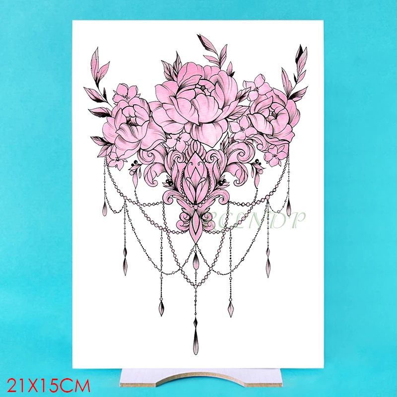 Водостойкая Временная тату наклейка розовый цветок бриллиантовое ожерелье лист