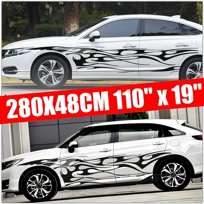 

1Pairs 280X48cm Waterproof DIY Flame Black Car Body Stickers Graphic Side Sports Racing Car Long Stripe