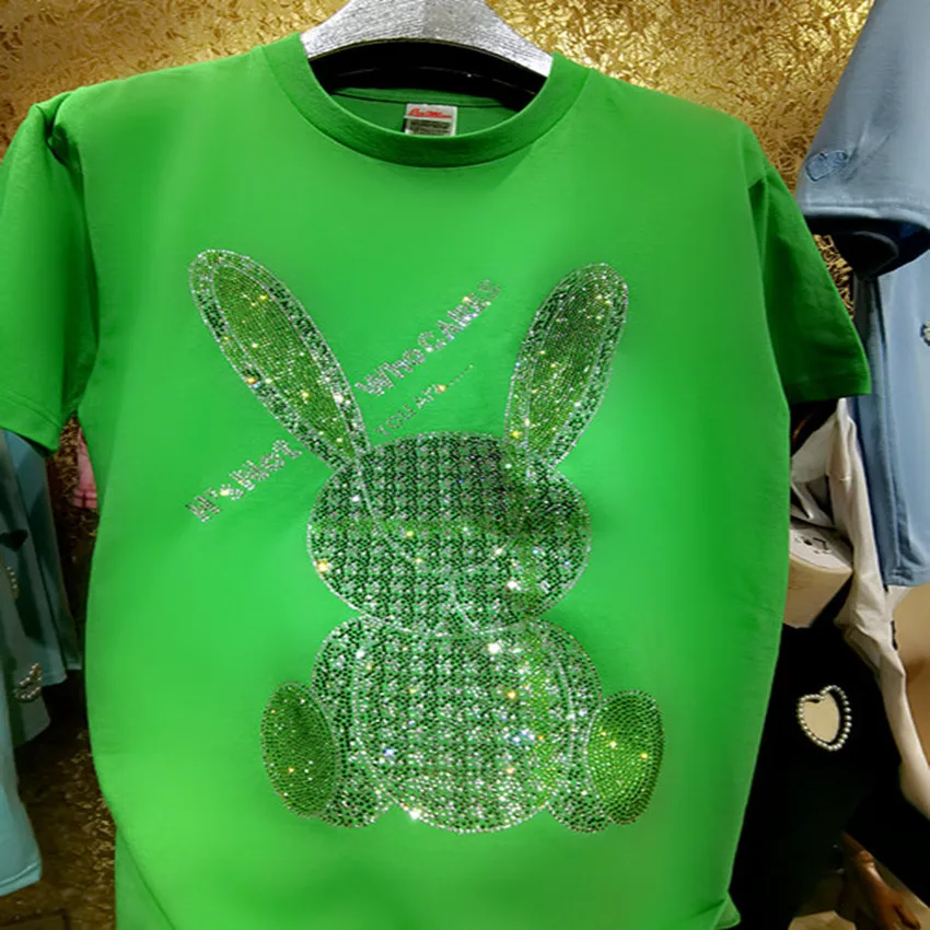 Летняя хлопковая Футболка Стразы с кристаллами женские свободные футболки из