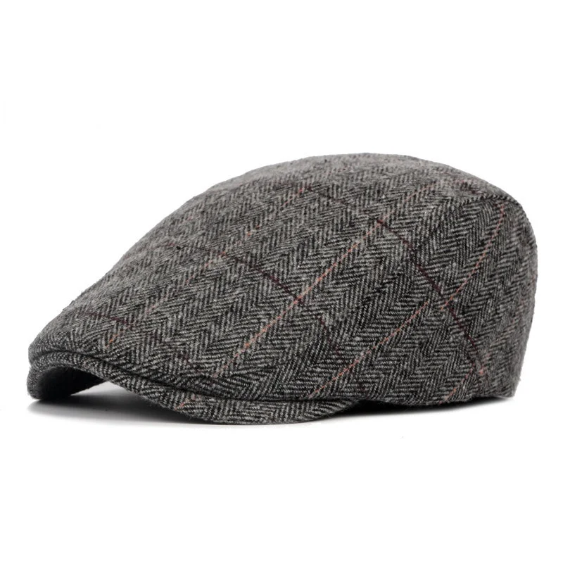 

Men's Hat Middle-Aged and Elderly Autumn Winter British Fashion Duck Tongue Forward Hat Classic Plaid Wool Beret