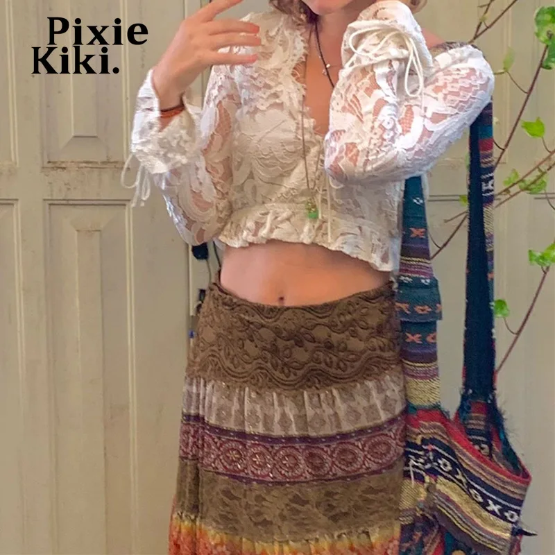 Pixiekiki белое кружевное платье с длинными рукавами рубашки для женщин Фея гранж