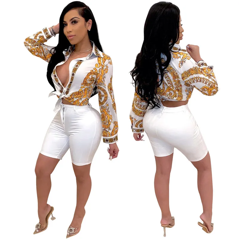 

European and American retro fashion printed women's shirt fashion slim Lapel long sleeve T-shirt