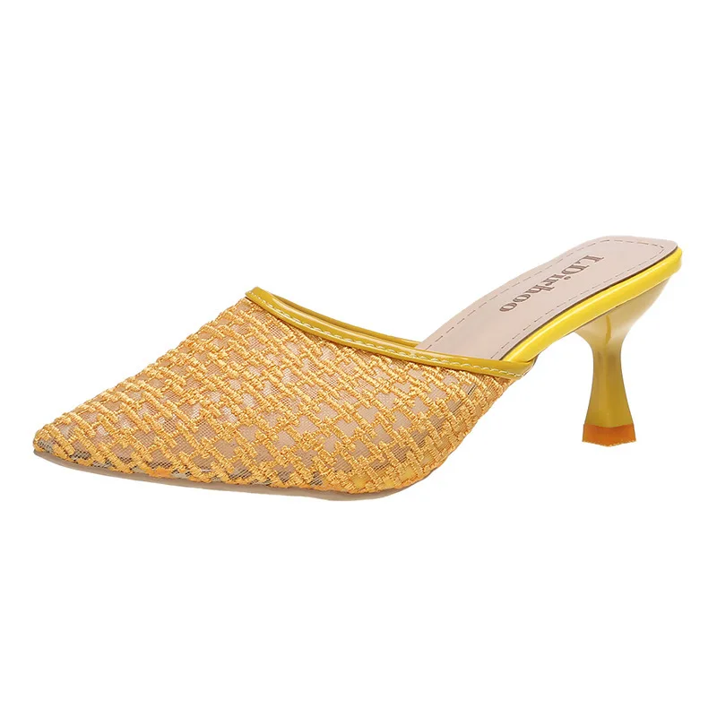 

2021 Spring And Summer Slippers Women Wear Thin Heel Retro Mesh High Heel Sandals Pointed Fairy Shoes