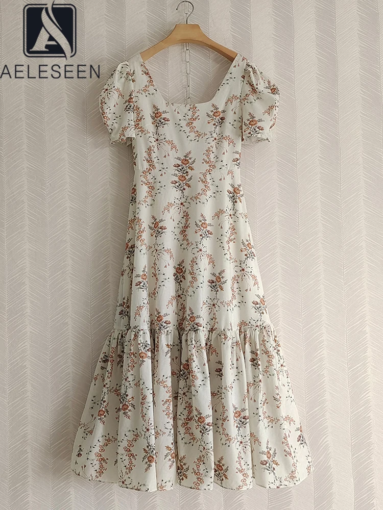 

AELESEEN Designer Fashion Women Cotton Dress 2022 Sumemr Runway New Puff Sleeve Square Collar Floral Print Elegant Midi Party