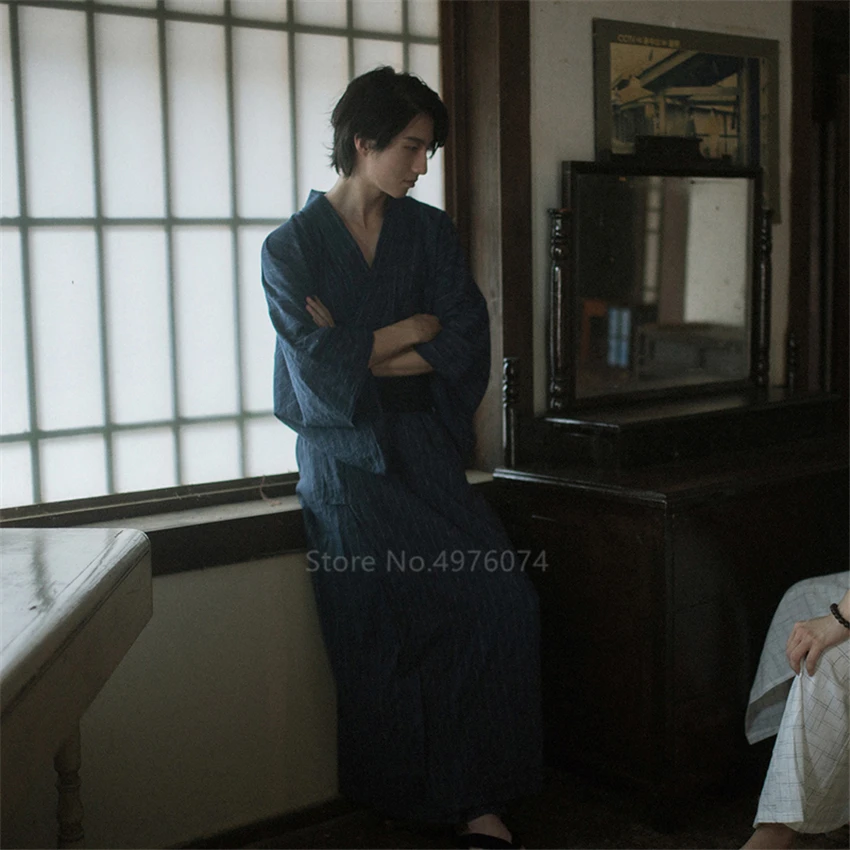 Кимоно мужское хлопковое в японском стиле домашняя одежда свободная Пижама Jinbei