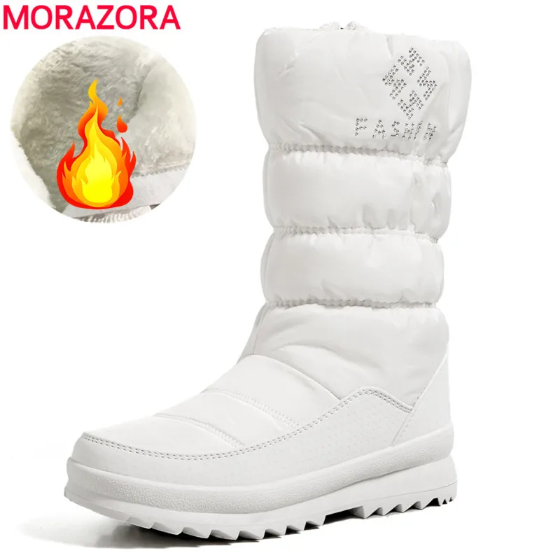

MORAZORA High Quality Snow Boots Women Zip Mid Calf Boots Black White Platform Plush Keep Warm Winter Boots Female Shoes