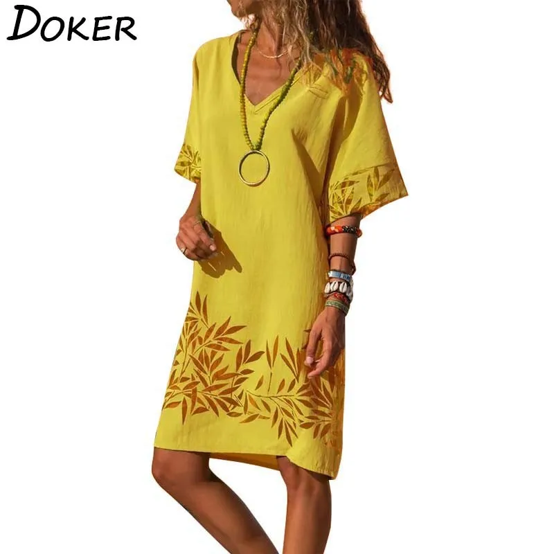 Летнее винтажное Повседневное платье с принтом для женщин v образным вырезом и