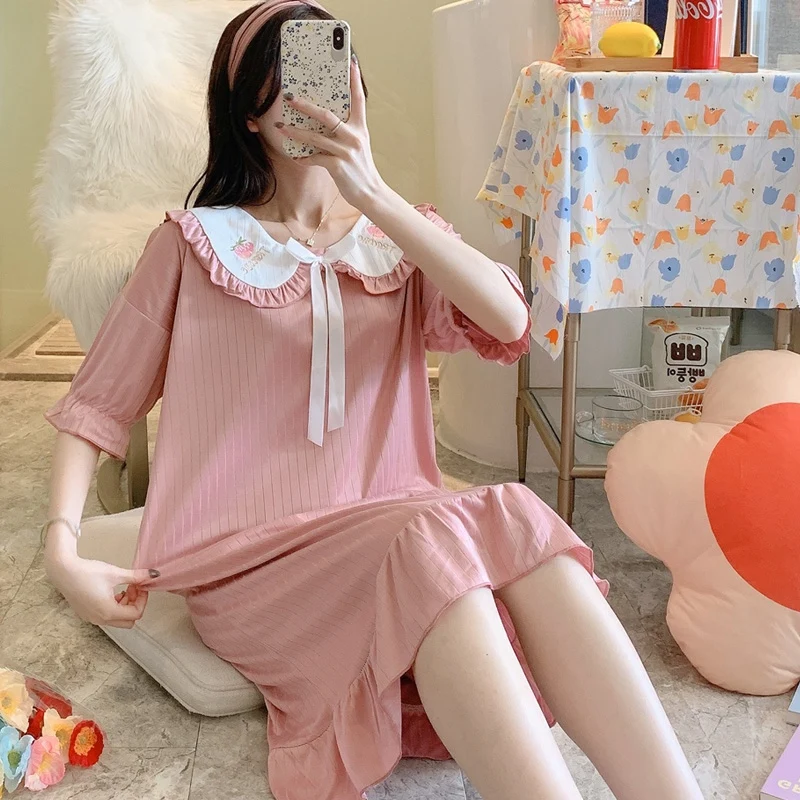 

2021 Summer Short Sleeve Sweet Princess Long Dress Nightgowns for Women Fashion Bow Sleepwear Night Dress Nightdress Home Nighty