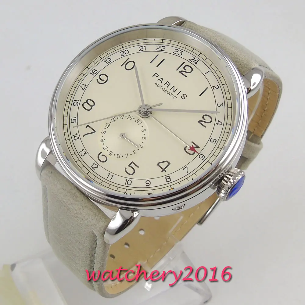 

42mm PARNIS beige dial polished date window sea-gull automatic mens watch