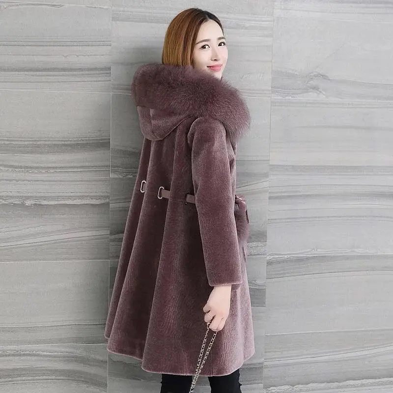 

Женское длинное пальто из натурального меха, Женское зимнее пальто с капюшоном и меховым воротником, длинное меховое пальто, толстое теплое...