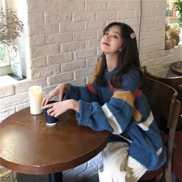

Women 2020 Autumn Winter Pullovers O-Neck Sweaters Female Sweet Striped Harajuku Knitted Loose Outwear Ladies Loose Tops P254
