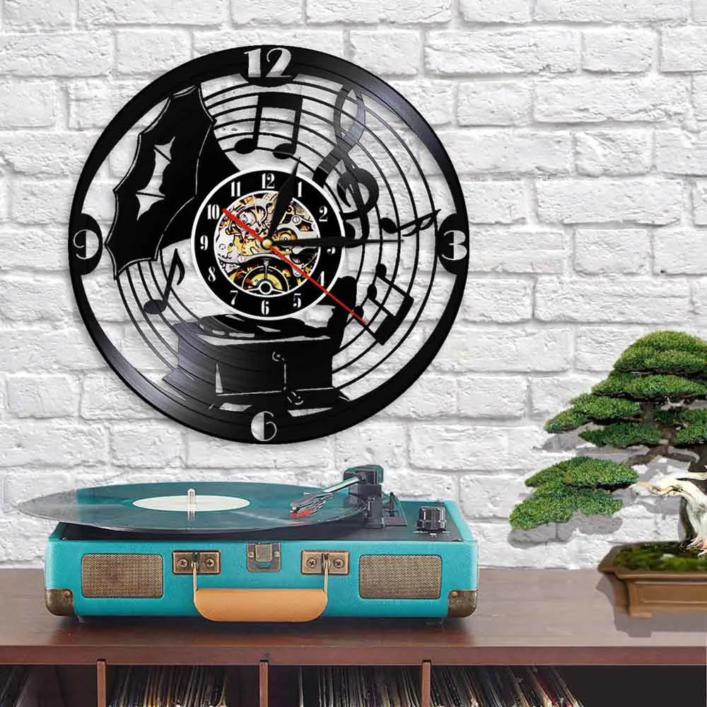 Классический граммофон Лист Музыка Примечание ретро настенные часы винтажный