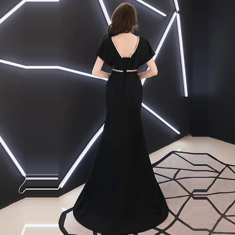 Вечернее платье Soild v-образным вырезом с коротким рукавом Robe De Soiree в пол, со стразами женские вечерние платья с открытой спиной F159