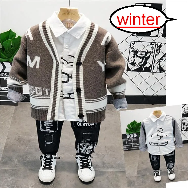 

Baby Boy Autumn Winter Thickened Warm Suit Kids Knit Cardigan, Shirt and Jeansr Three-Piece Casual Children Clothing Set 2-7Y
