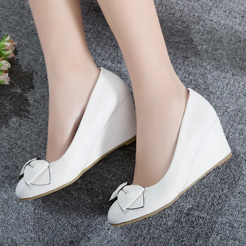 Туфли лодочки женские на танкетке милые вечерние туфли без застежки с бантом