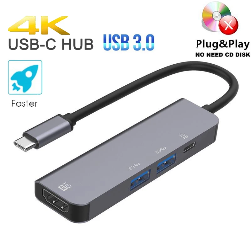 

USB C hub 4 in 1 dock station 4K HD USB 3.0 PD fast charge 87W to HDMI-compatible Connect keyboard mouse and U disk Usb splitter