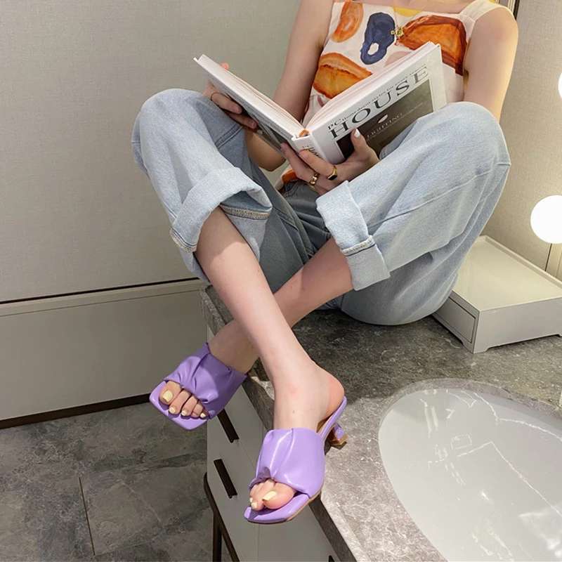 Женские кожаные сандалии MANLEGU черные шлепанцы с квадратным носком на высоком