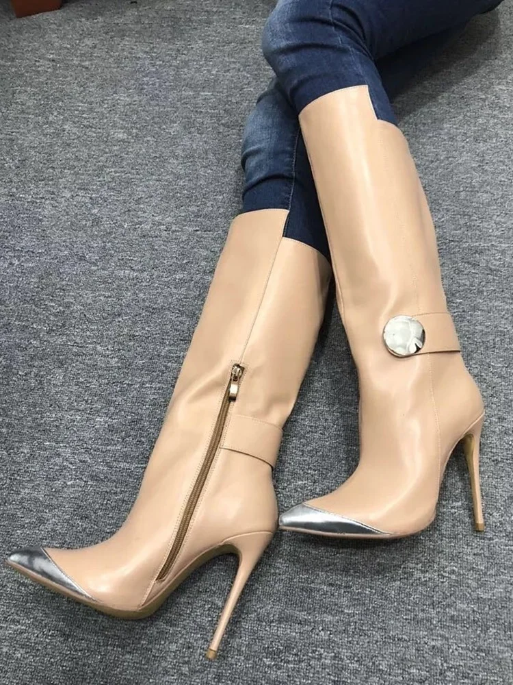 Brown Genuine Leather Winter Boots Woman Sexy Thin High Heels Party Boots Black Silver Metal Toe Matte Genuine Leather Zipper