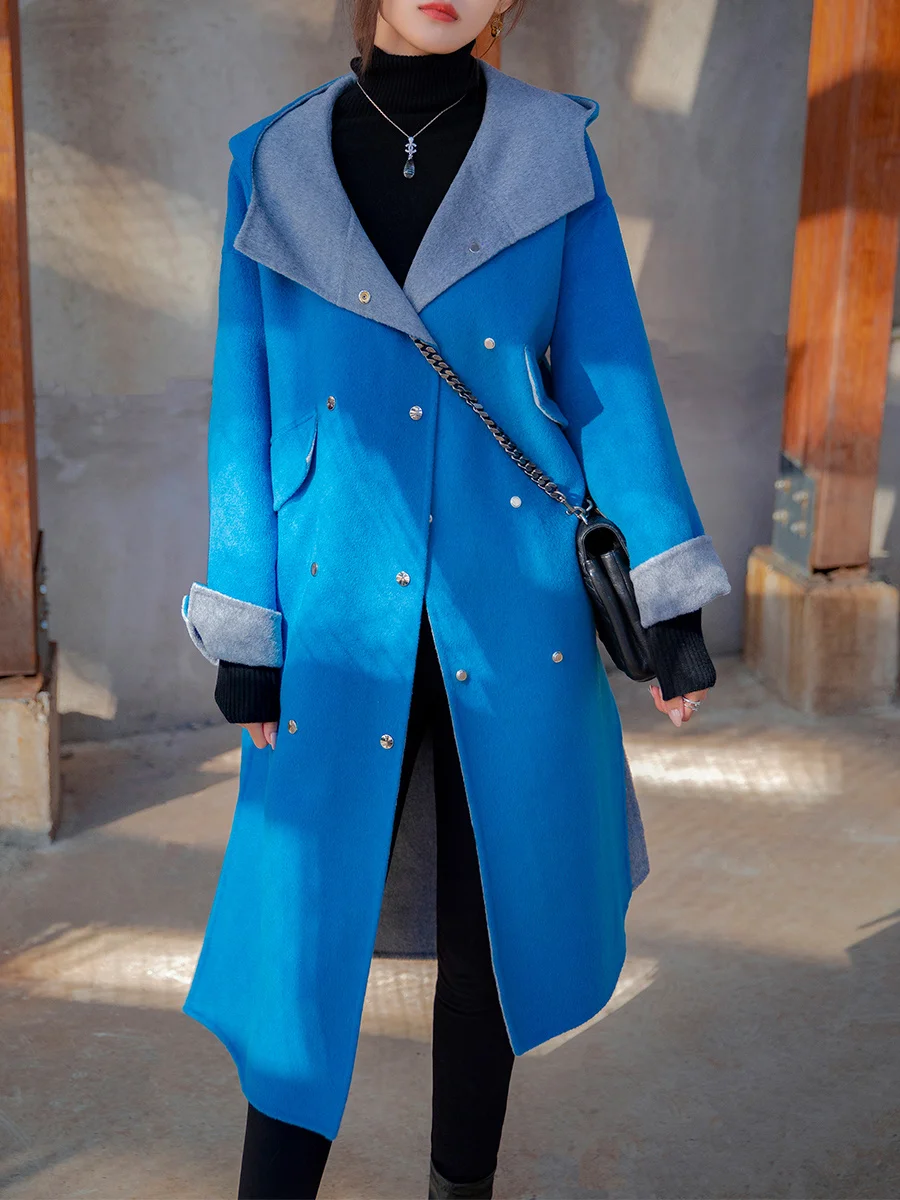 

Контрастное двустороннее шерстяное пальто с капюшоном, женское приталенное шерстяное и кашемировое пальто средней длины для осени и зимы