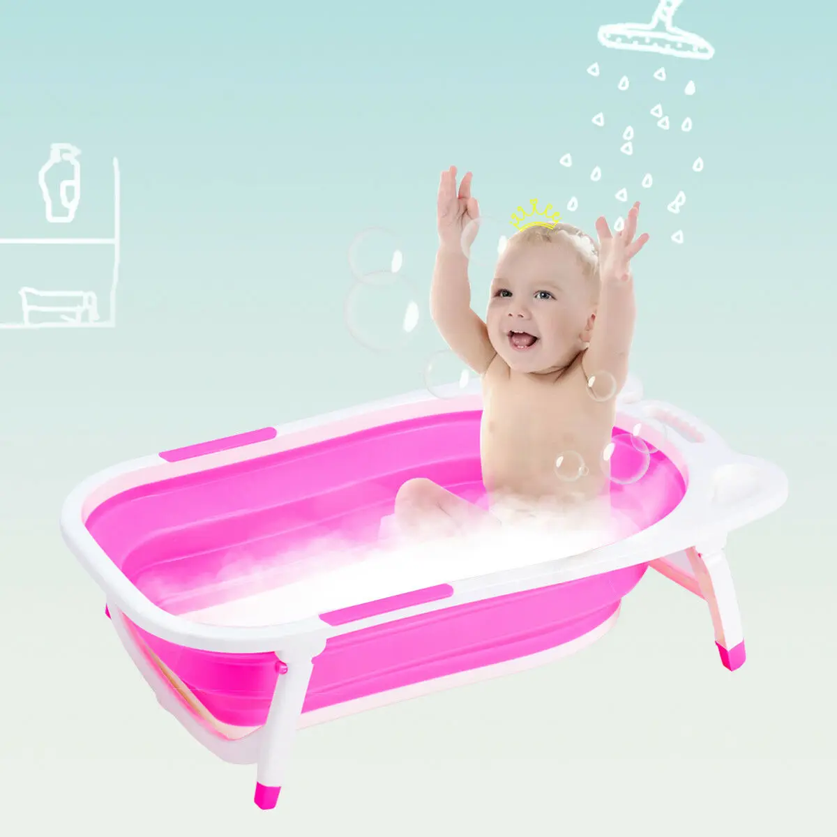 Pink Baby Folding Bathtub Infant Collapsible Portable Shower Basin w/ Block